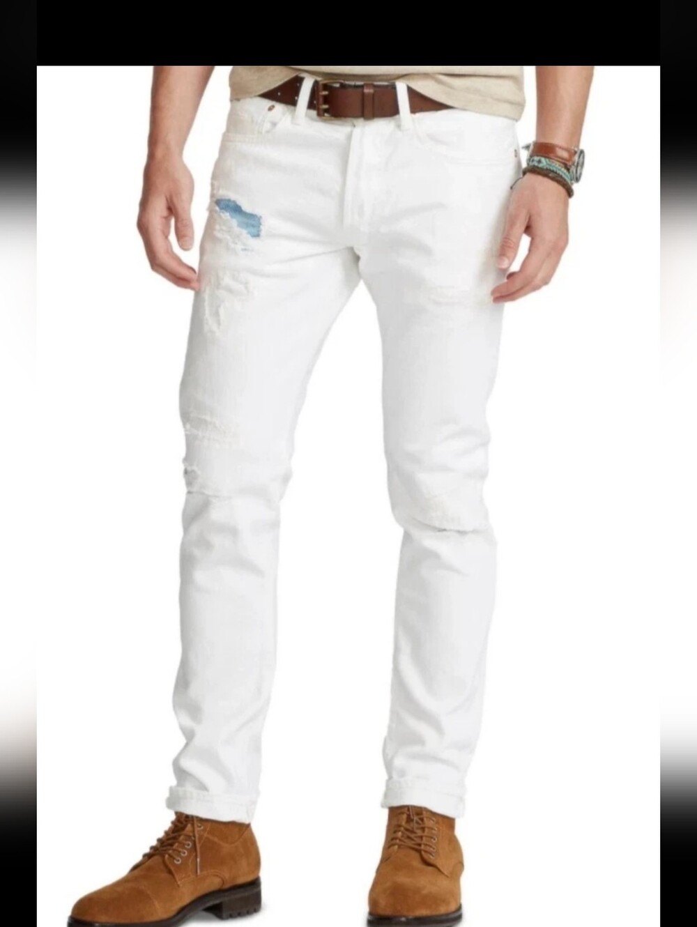 POLO RALPH LAUREN Mens 34x34 Sullivan Slim Fit Distress Patches White Jeans NWT
